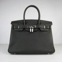 Hermes Birkin 30Cm Togo Leather Handbags Black Silver